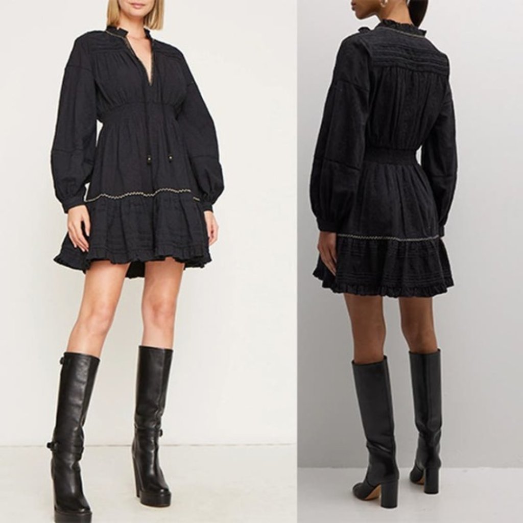 Nwt Figue Rayne Long Sleeve Ruffle Black Embroidered Cotton Dress Size: Medium